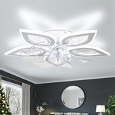 Modern ceiling light fixture in a room with a Christmas tree and mirror.